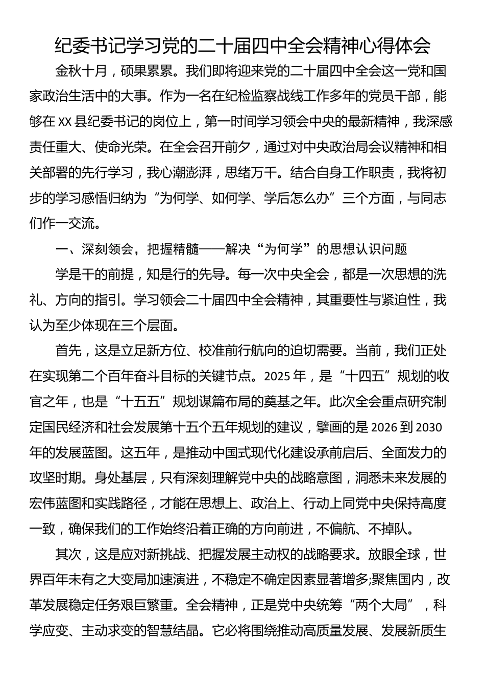 纪委书记学习党的二十届四中全会精神心得体会_第1页