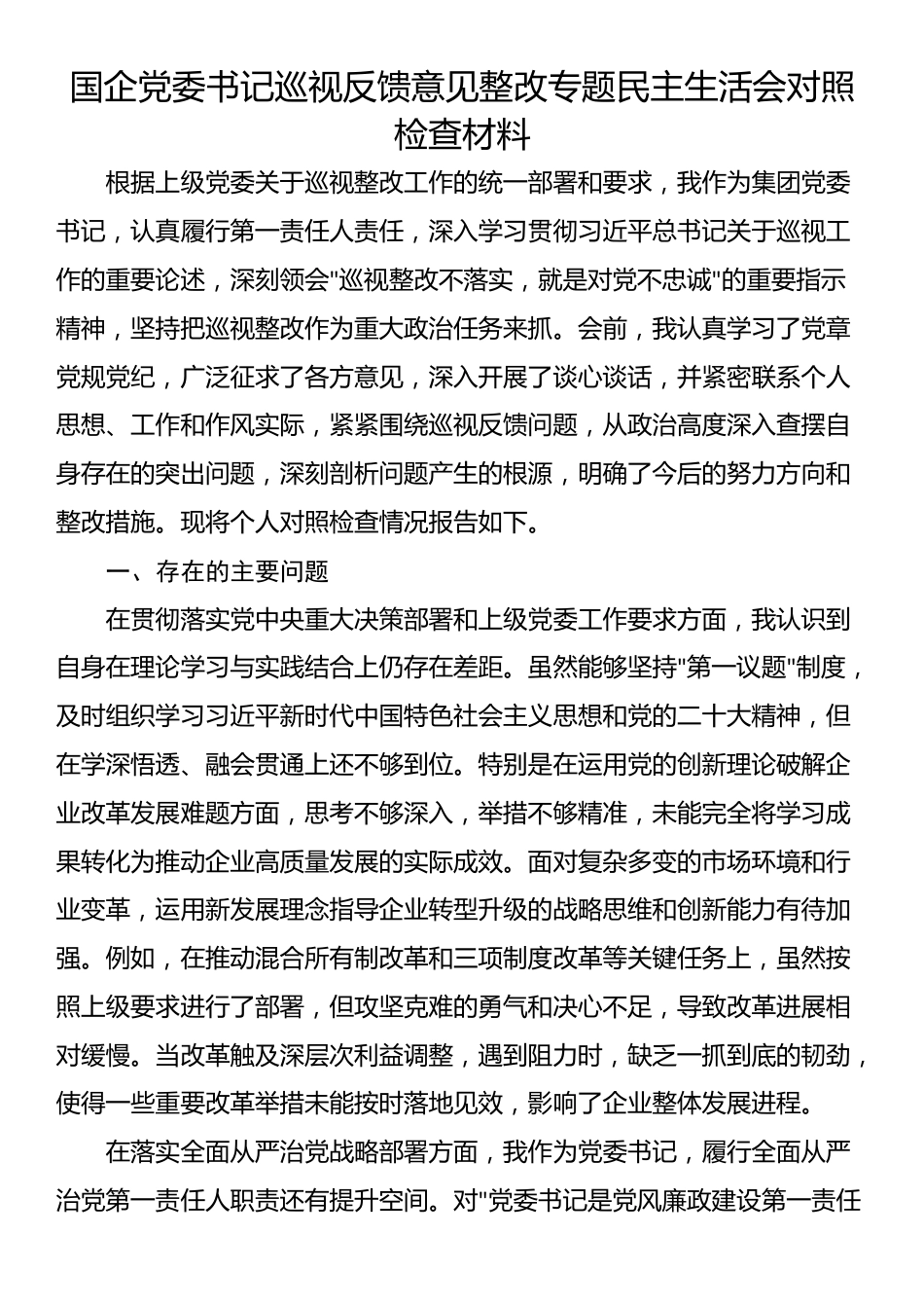国企党委书记巡视反馈意见整改专题民主生活会对照检查材料_第1页