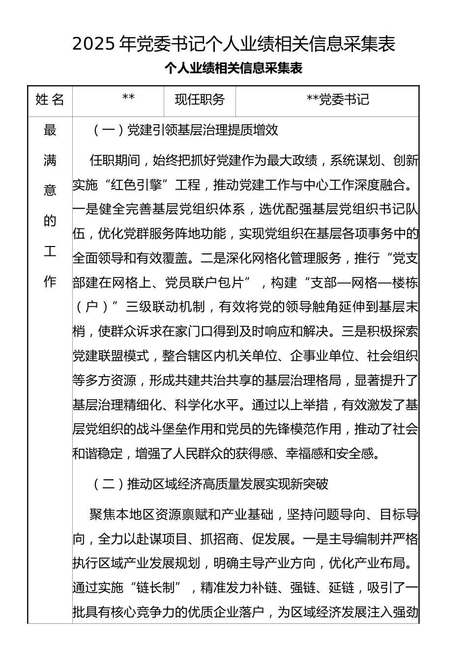 2025年党委书记个人业绩相关信息采集表_第1页