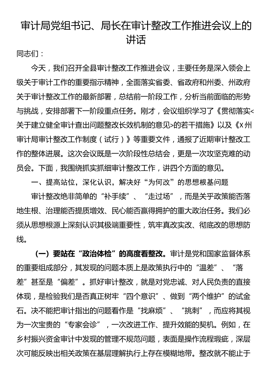 审计局党组书记、局长在审计整改工作推进会议上的讲话_第1页
