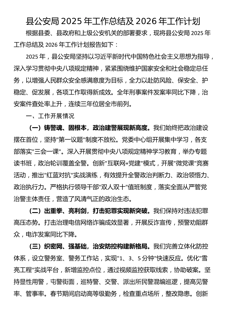 县公安局2025年工作总结及2026年工作计划_第1页