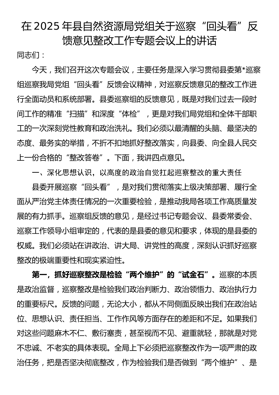 在2025年县自然资源局党组关于巡察“回头看”反馈意见整改工作专题会议上的讲话_第1页