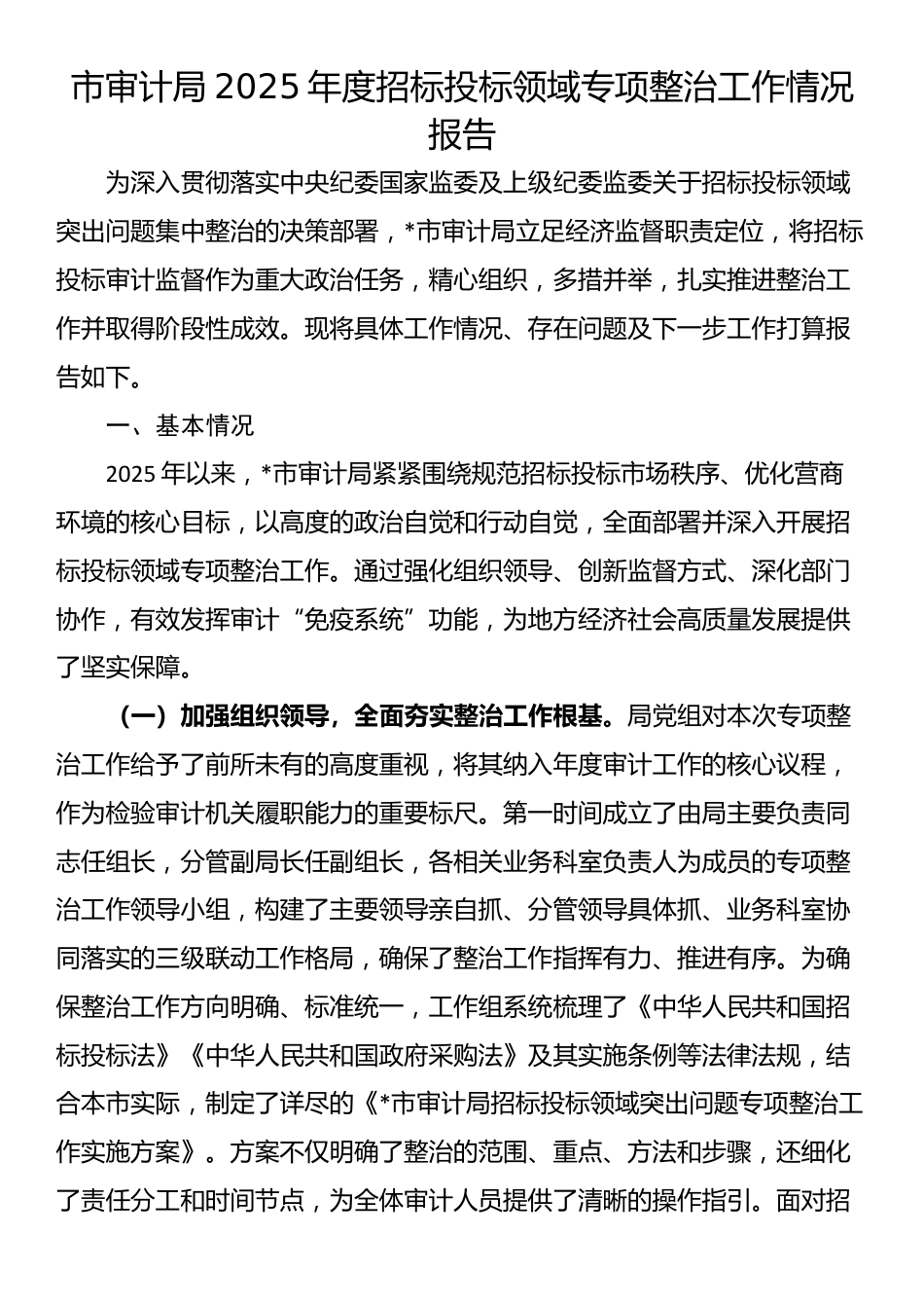 市审计局2025年度招标投标领域专项整治工作情况报告_第1页