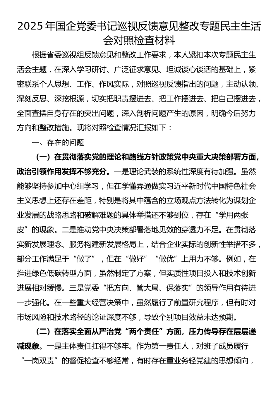 2025年国企党委书记巡视反馈意见整改专题民主生活会对照检查材料_第1页