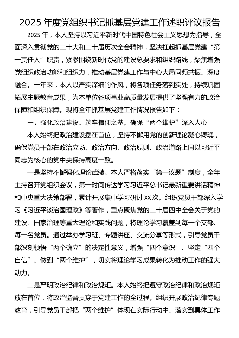 2025年度党组织书记抓基层党建工作述职评议报告_第1页