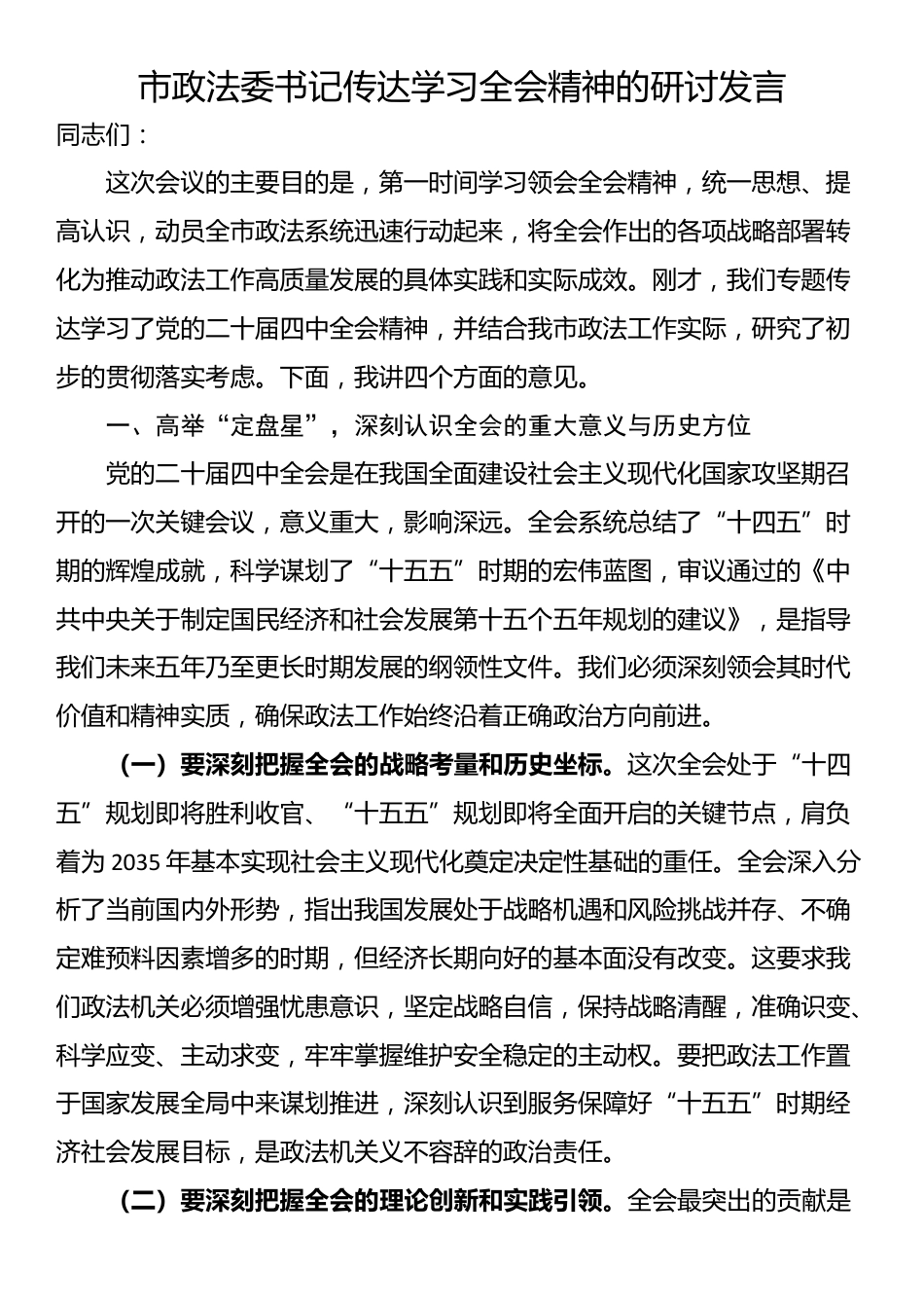 市政法委书记传达学习全会精神的研讨发言_第1页