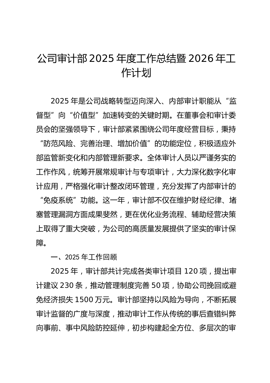 公司审计部2025年度工作总结暨2026年工作计划_第1页