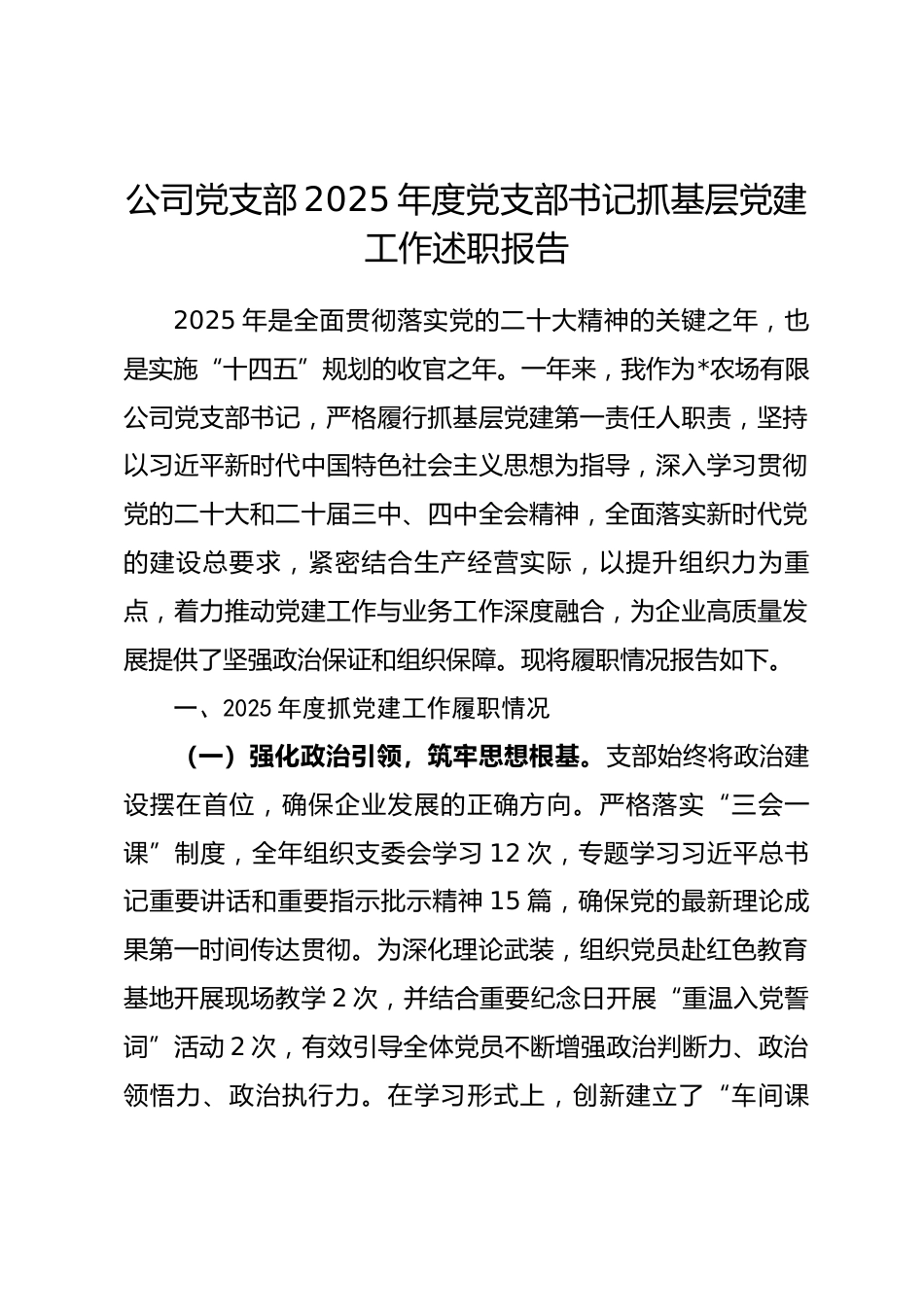 公司党支部2025年度党支部书记抓基层党建工作述职报告_第1页