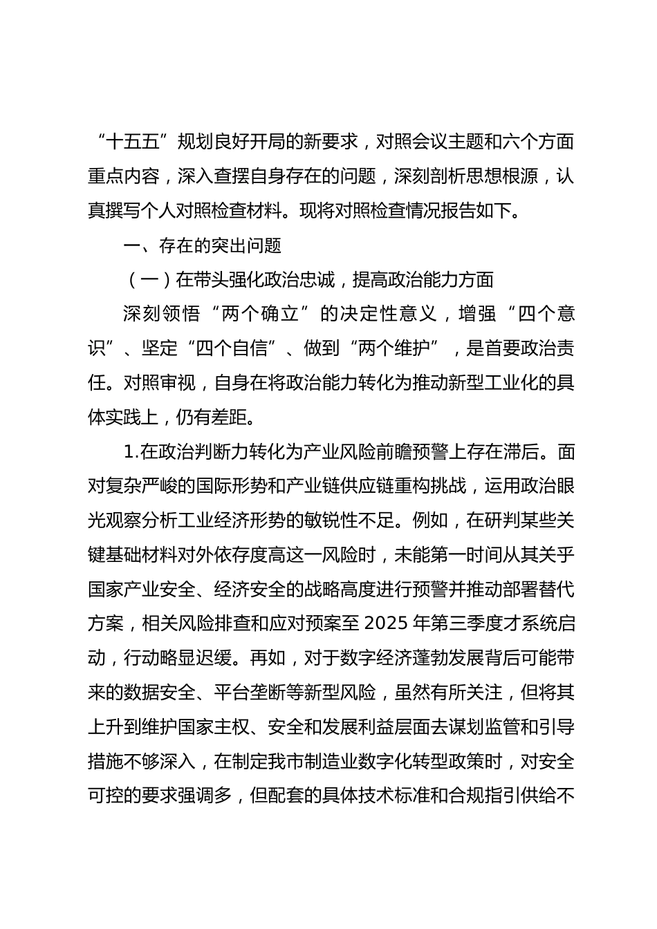 市工业和信息化局主要负责人2025年度民主生活会个人对照检视发言材料_第2页