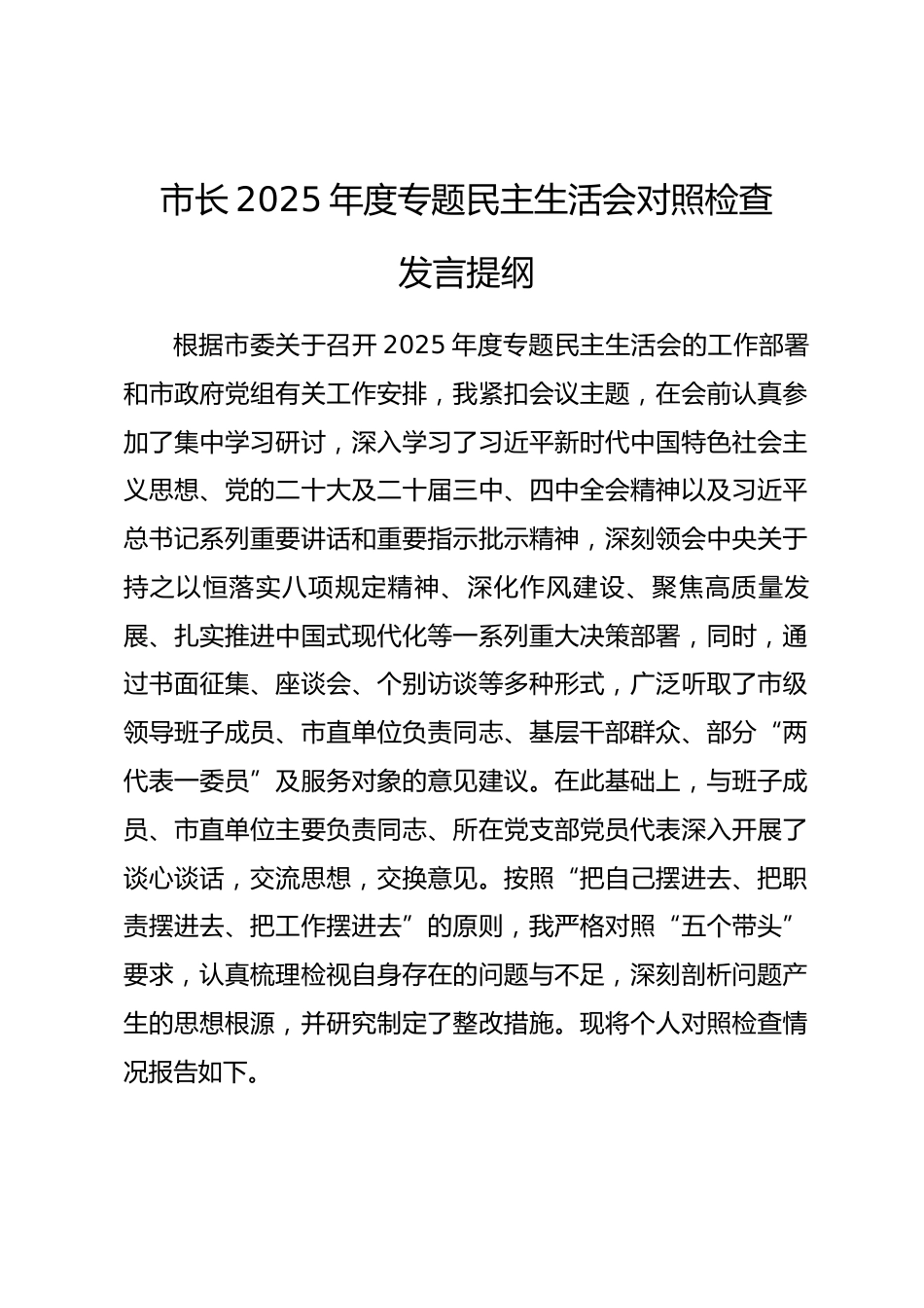 市长2025年度专题民主生活会对照检查发言提纲_第1页