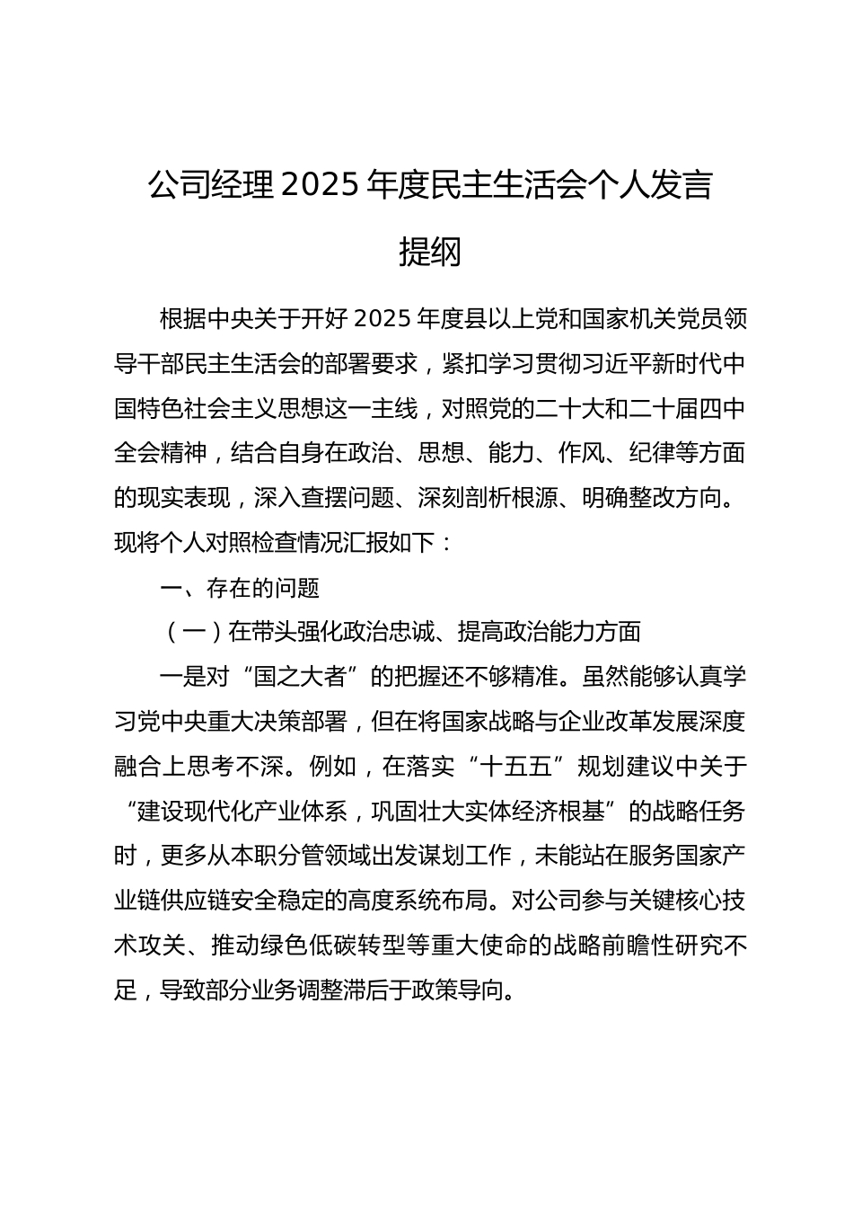 公司经理2025年度民主生活会个人发言提纲_第1页