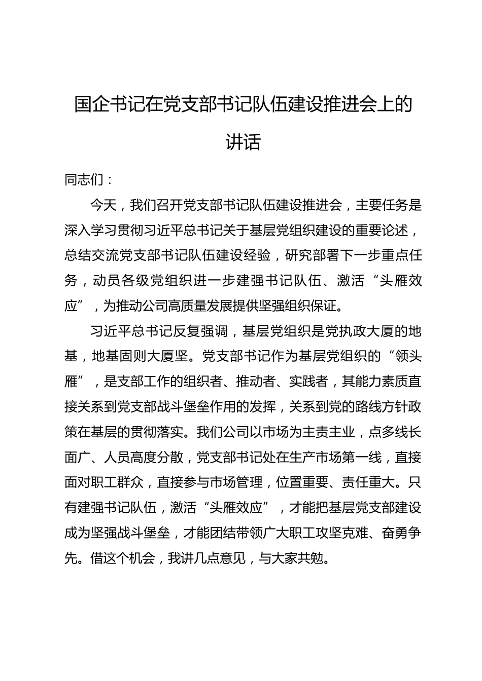国企书记在党支部书记队伍建设推进会上的讲话_第1页