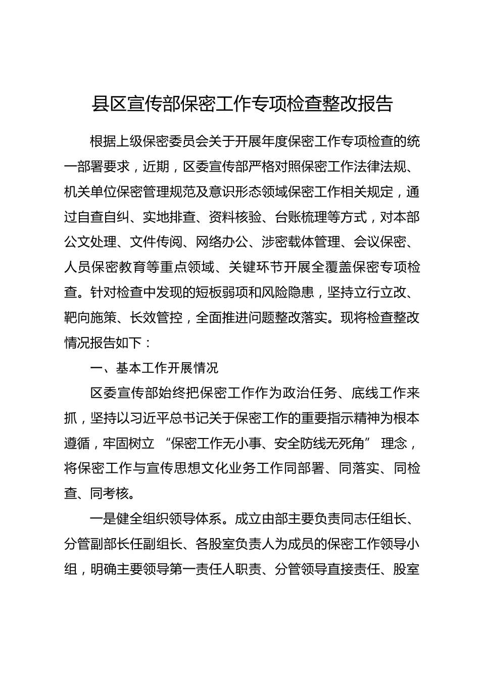 县区宣传部保密工作专项检查整改报告_第1页