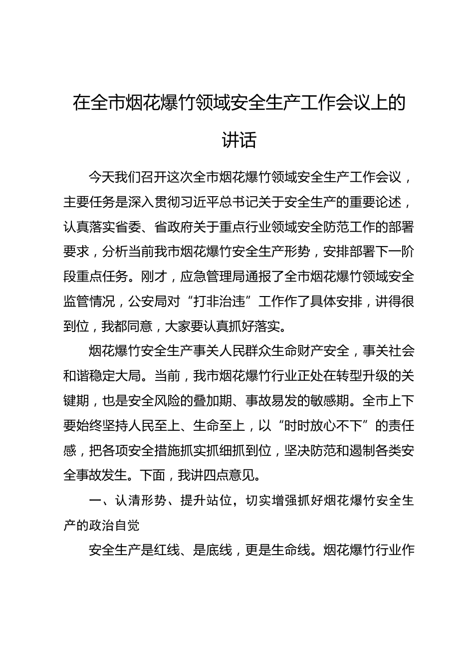 在全市烟花爆竹领域安全生产工作会议上的讲话_第1页