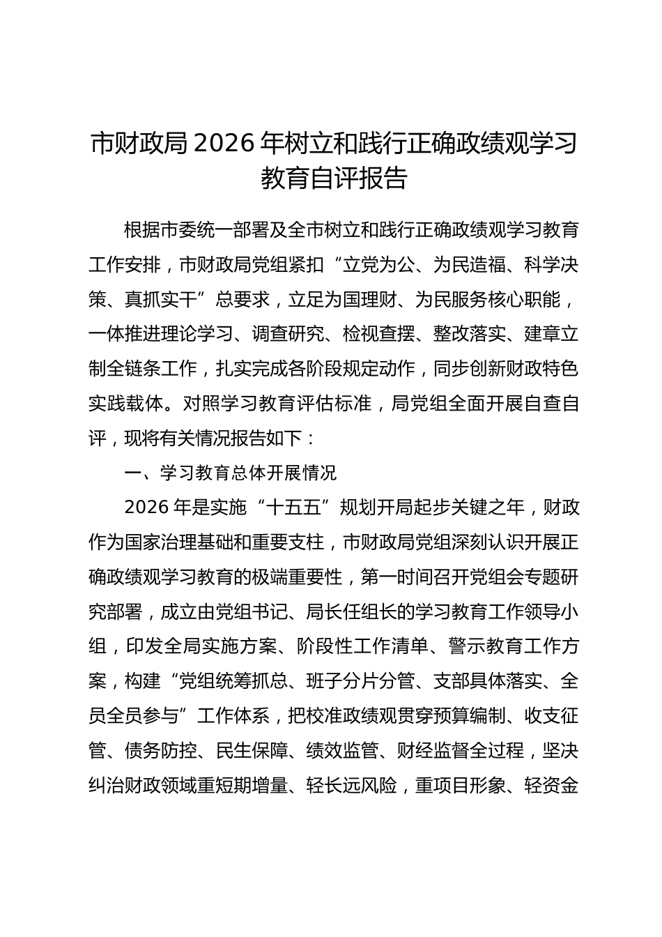 市财政局2026年树立和践行正确政绩观学习教育自评报告_第1页
