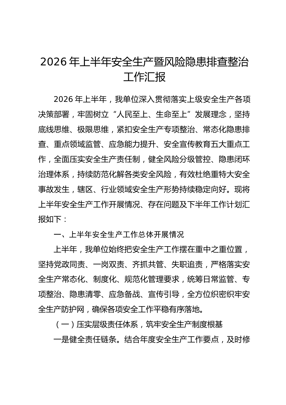2026年上半年安全生产暨风险隐患排查整治工作汇报_第1页