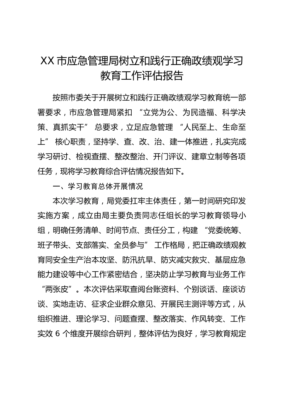 市应急管理局树立和践行正确政绩观学习教育工作评估报告_第1页