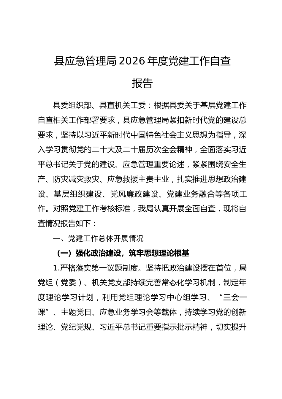 县应急管理局2026年度党建工作自查报告_第1页