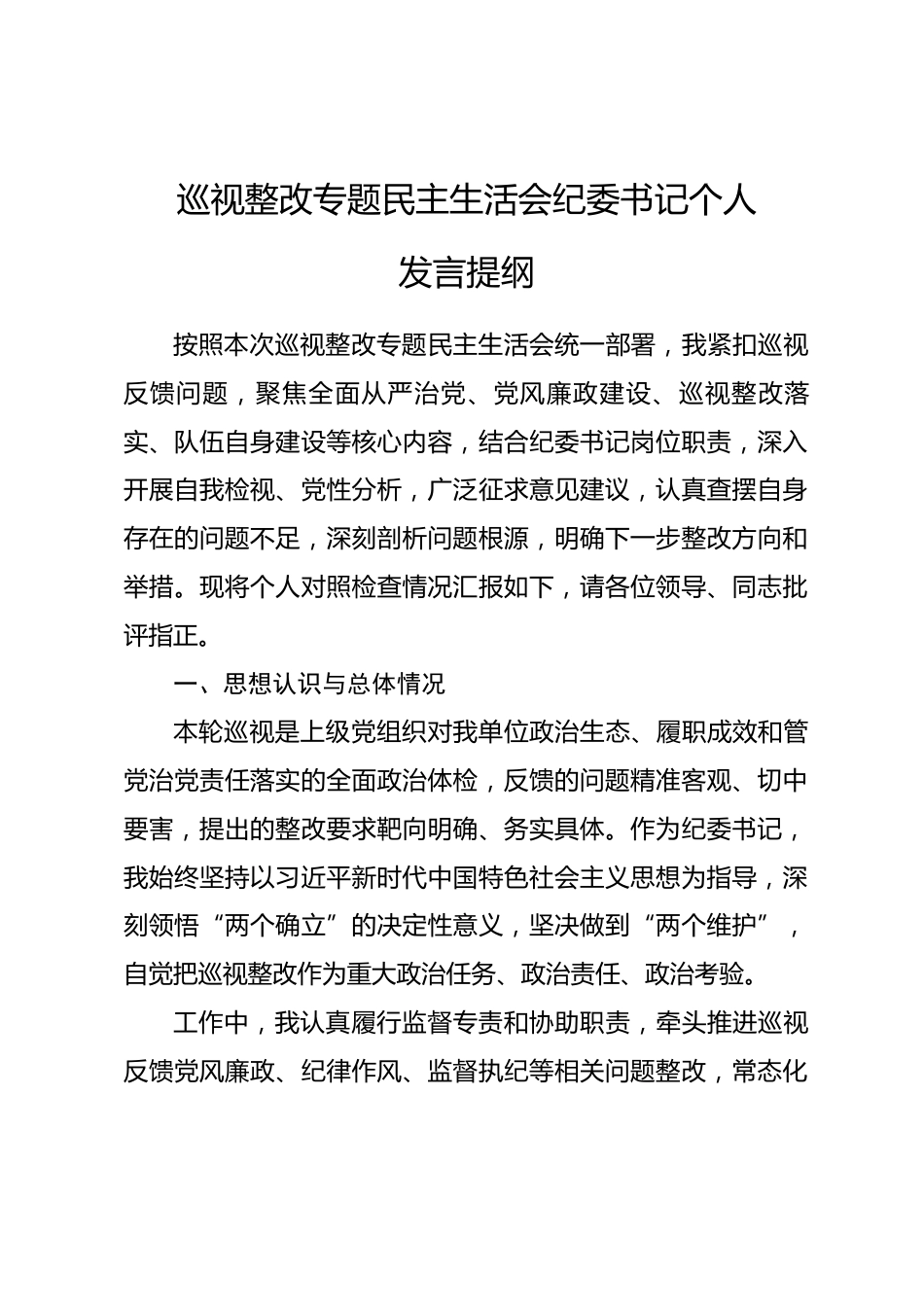 巡视整改专题民主生活会纪委书记个人发言提纲_第1页
