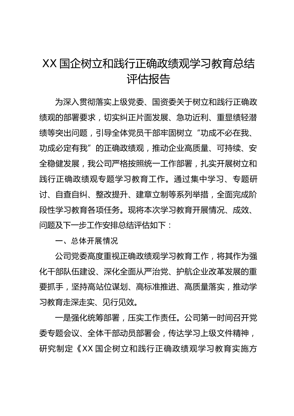 XX国企树立和践行正确政绩观学习教育总结评估报告_第1页