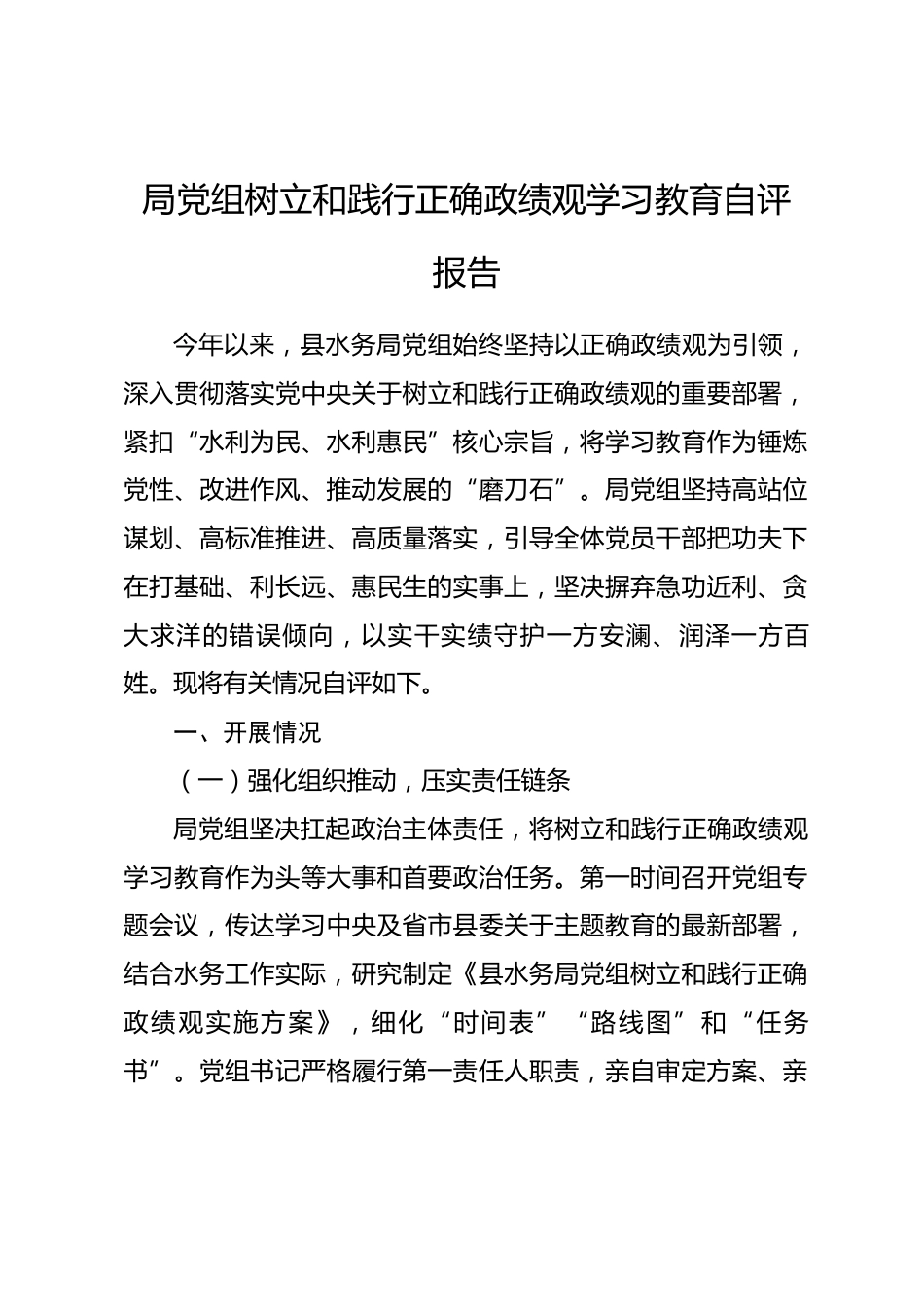 水务局党组树立和践行正确政绩观学习教育自评报告_第1页