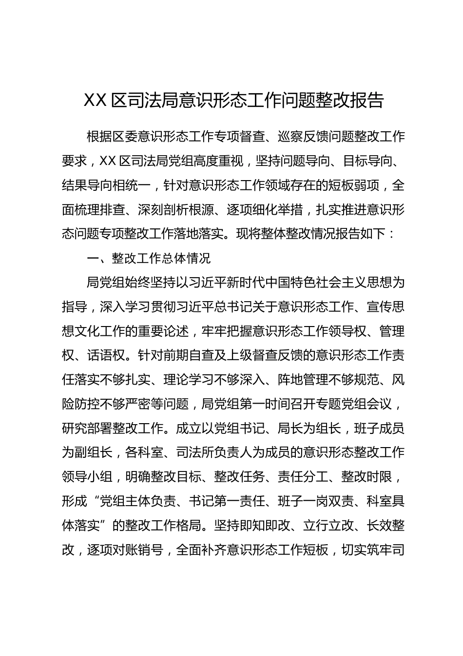 XX区司法局意识形态工作问题整改报告_第1页