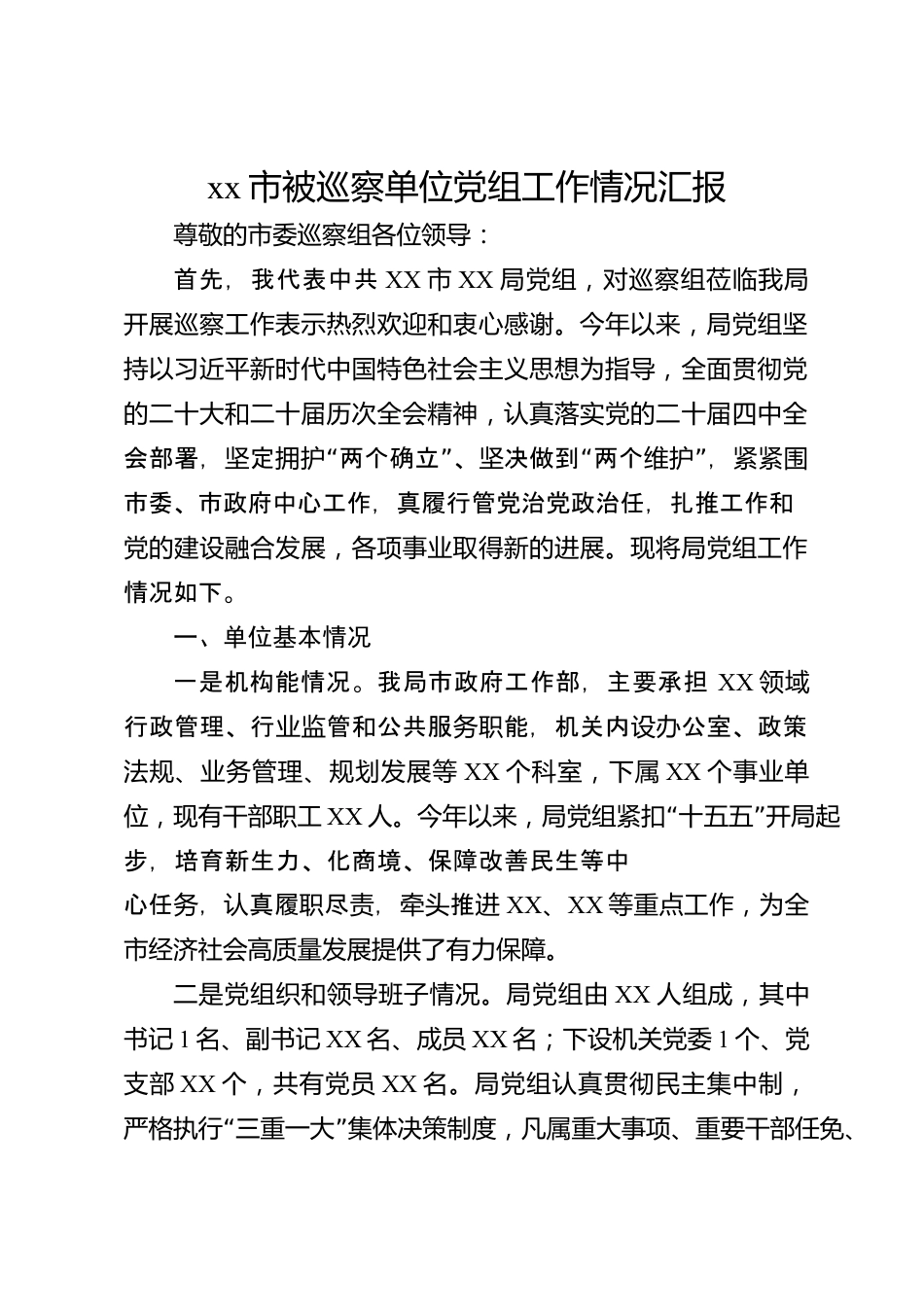 xx市被巡察单位党组工作情况汇报_第1页