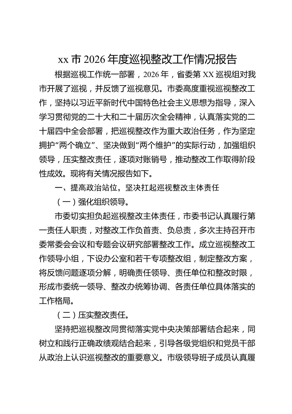 xx市2026年度巡视整改工作情况报告_第1页